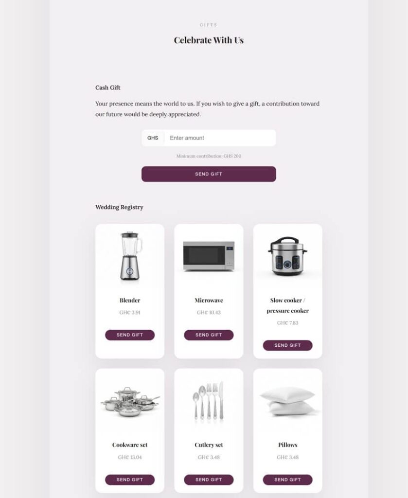 A screenshot of a wedding registry on JanaTribe. Image Source: janatribe.com